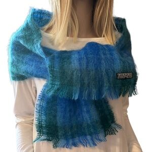 FOXFORD Mohair & Wool Scarf Wrap Blue Tartan Plaid Plush with Fringe Cozy Warm